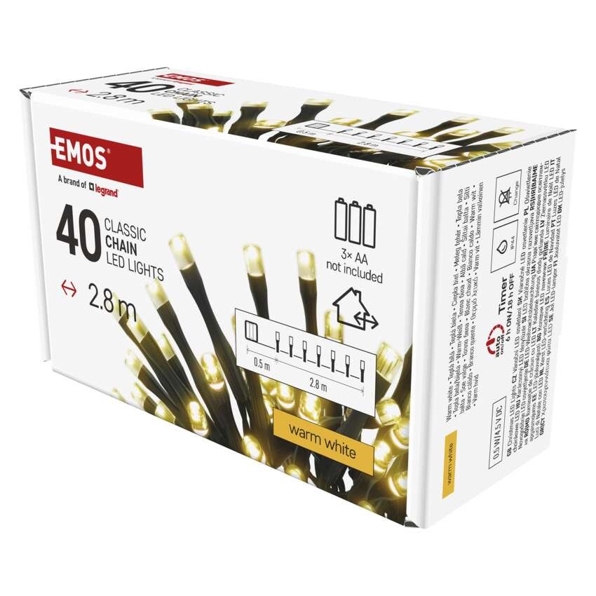 LED Weihnachtliche Lichterkette, 2,8 m, 3x AA, Außen/Innen, warmweiß, Timer