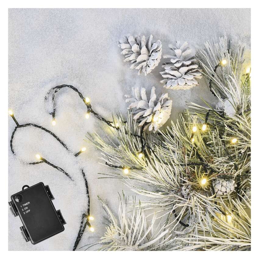 LED Weihnachtliche Lichterkette, 2,8 m, 3x AA, Außen/Innen, warmweiß, Timer