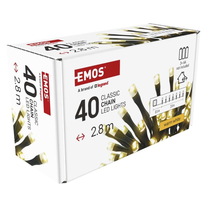 LED Weihnachtliche Lichterkette, 2,8 m, 3x AA, Außen/Innen, warmweiß, Timer