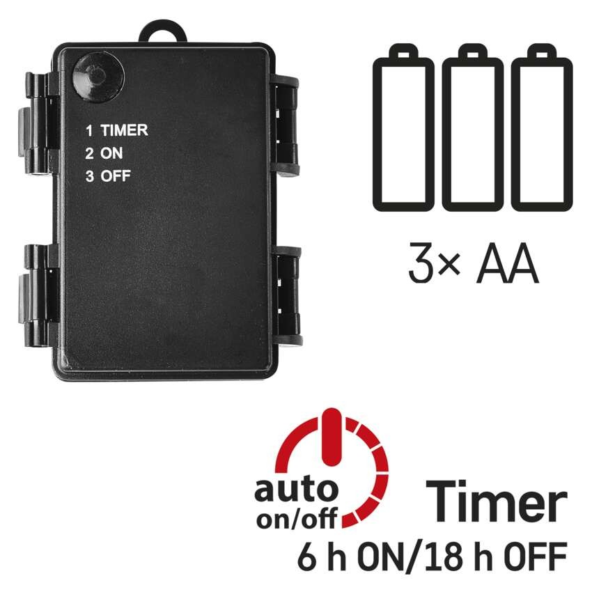 LED božična veriga, 5,6 m, 3x AA, zunanja in notranja, topla bela, časovnik