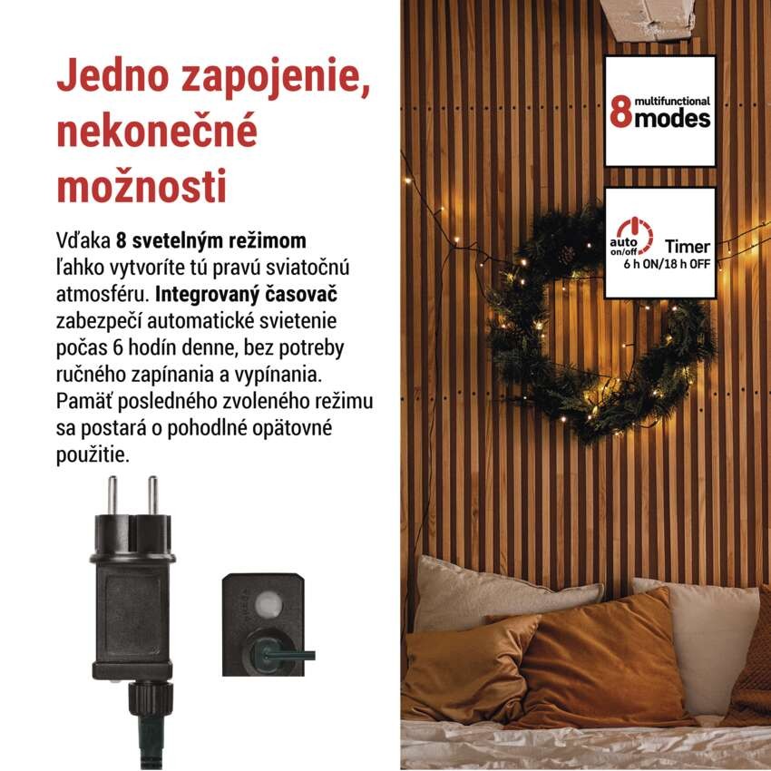 LED vianočná reťaz, 8 m, vonkajšia aj vnútorná, teplá biela, programy, časovač