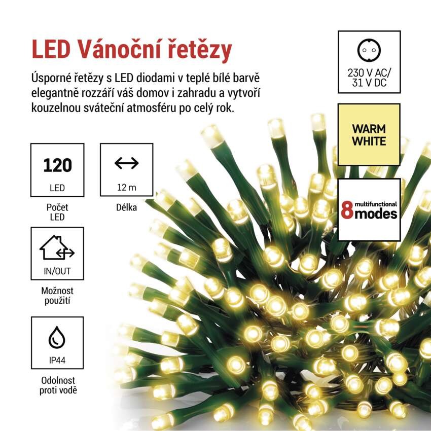 LED vánoční řetěz, 12 m, venkovní i vnitřní, teplá bílá, programy, časovač