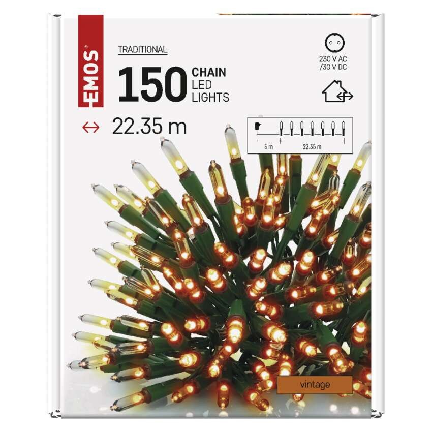 LED Ziemassvētku virtene – tradicionāla, 22,35 m, lietošanai ārā un iekštelpās, retro