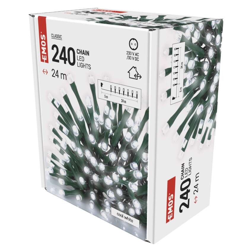 LED Ziemassvētku virtene, 24 m, lietošanai ārā un iekštelpās, auksti balta, ar taimeru