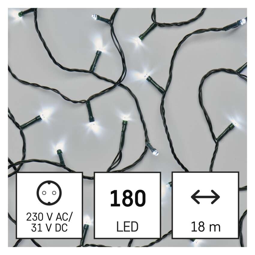 LED vianočná reťaz, 18 m, vonkajšia aj vnútorná, studená biela, programy