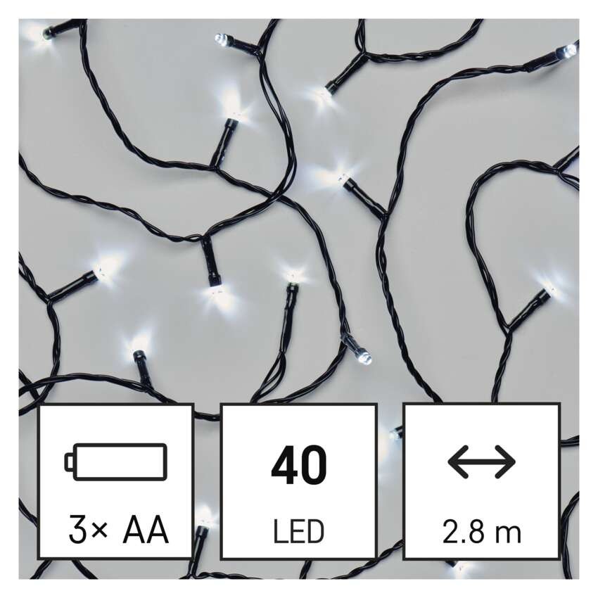 LED vánoční řetěz, 2,8 m, 3x AA, venkovní i vnitřní, studená bílá, časovač