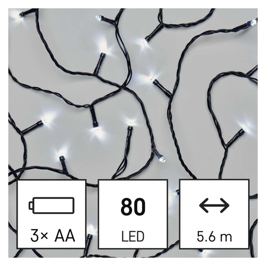 LED vánoční řetěz, 5,6 m, 3x AA, venkovní i vnitřní, studená bílá, časovač