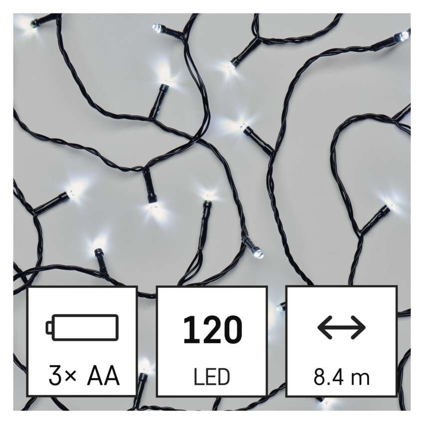 LED Weihnachtliche Lichterkette, 8,4 m, 3x AA, Außen und Innen, Kaltweiß, Timer