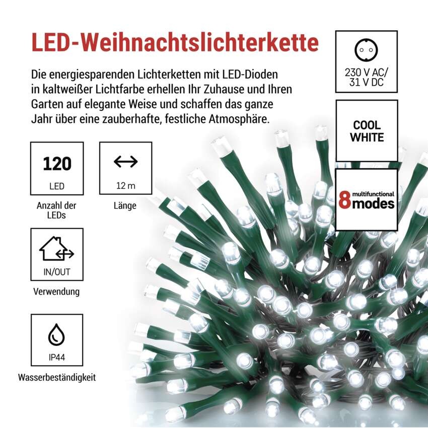 LED Weihnachtliche Lichterkette, 12 m, Außen/Innen, kaltweiß, Programme, Timer