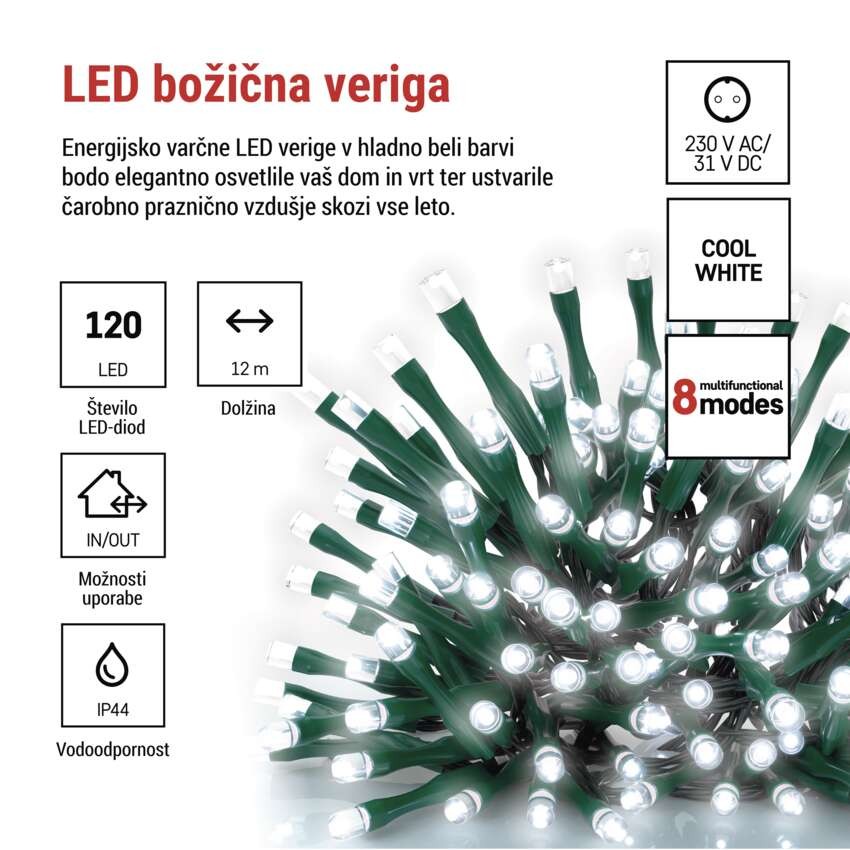 LED božična veriga, 12 m, zunanja in notranja, hladna bela, programi, časovnik
