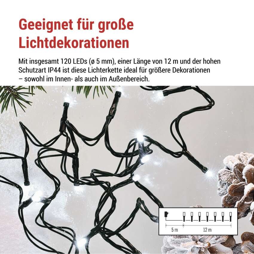 LED Weihnachtliche Lichterkette, 12 m, Außen/Innen, kaltweiß, Programme, Timer