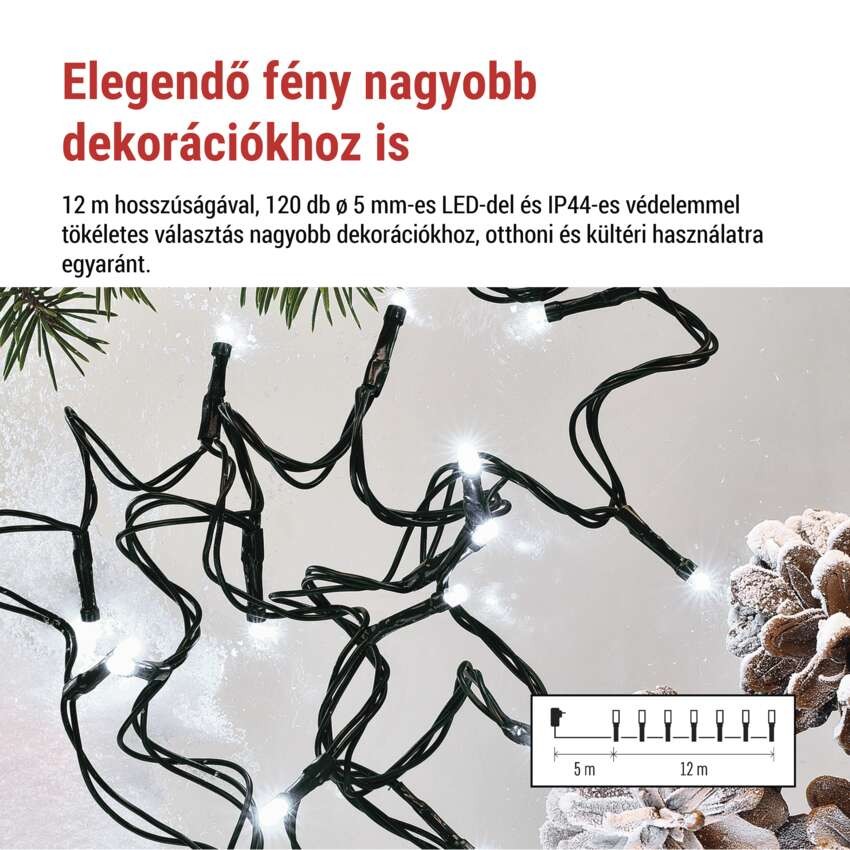 LED karácsonyi fényfüzér, 12 m, kültéri és beltéri, hideg fehér, progr, időz.