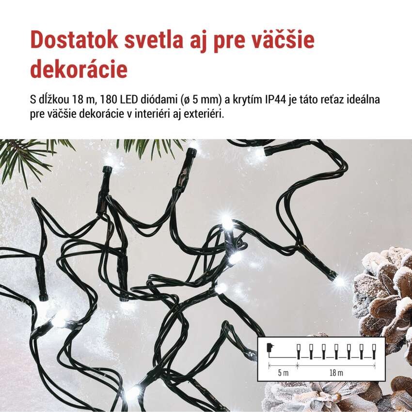 LED vianočná reťaz, 18 m, vonkajšia aj vnútorná, studená biela, programy, časovač