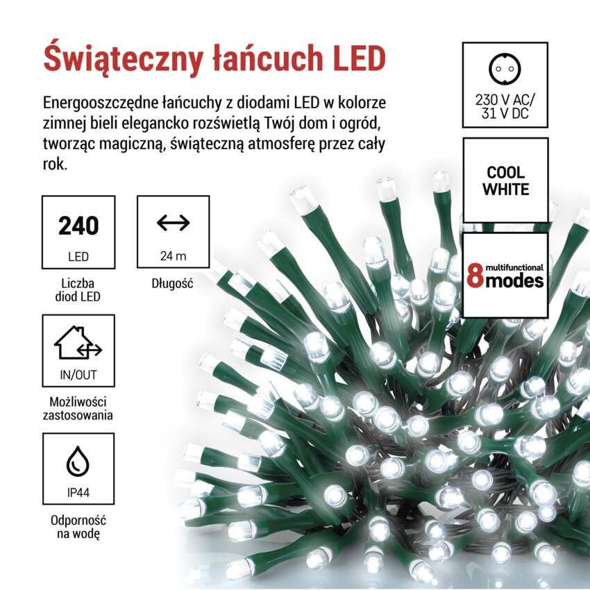 Lampki choinkowe Classic 240 LED 24m zimna biel, zielony przewód, IP44, 8 programów, timer