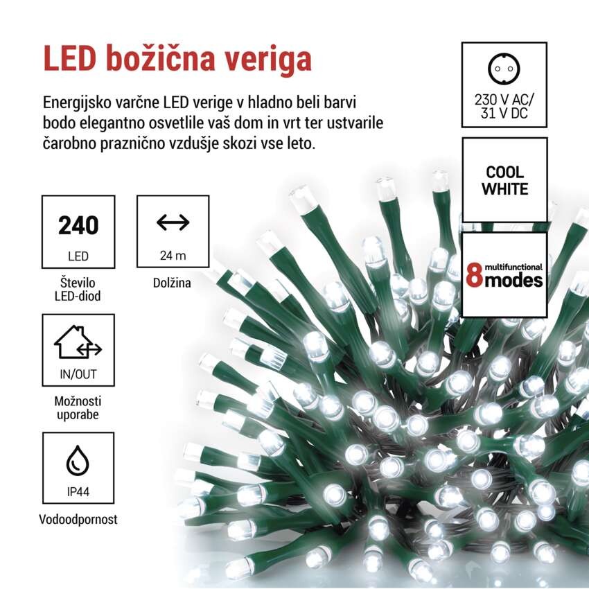 LED božična veriga, 24 m, zunanja in notranja, hladna bela, programi, časovnik