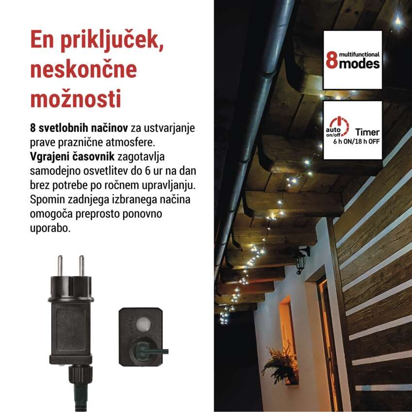 LED božična veriga, 24 m, zunanja in notranja, hladna bela, programi, časovnik