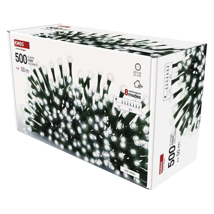 LED kalėdinė girlianda, 50 m, lauko ir vidaus, šaltai balta, 8 režimai, laikmatis