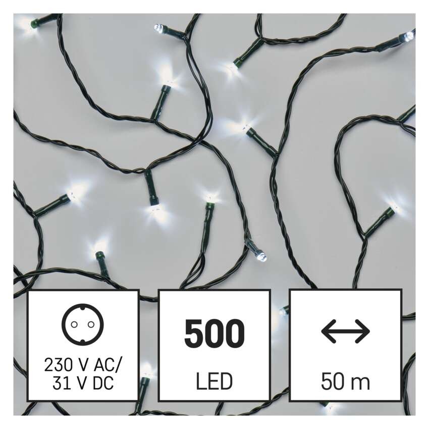 LED kalėdinė girlianda, 50 m, lauko ir vidaus, šaltai balta, 8 režimai, laikmatis