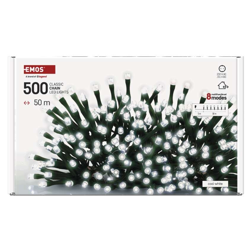 LED kalėdinė girlianda, 50 m, lauko ir vidaus, šaltai balta, 8 režimai, laikmatis
