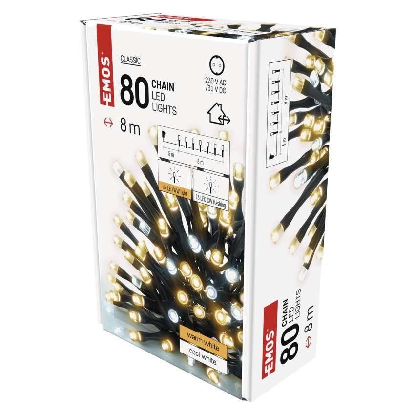 LED Weihnachtliche Lichterkette, blinkend, 8 m, Außen/Innen, warmweiß/kaltweiß, Timer