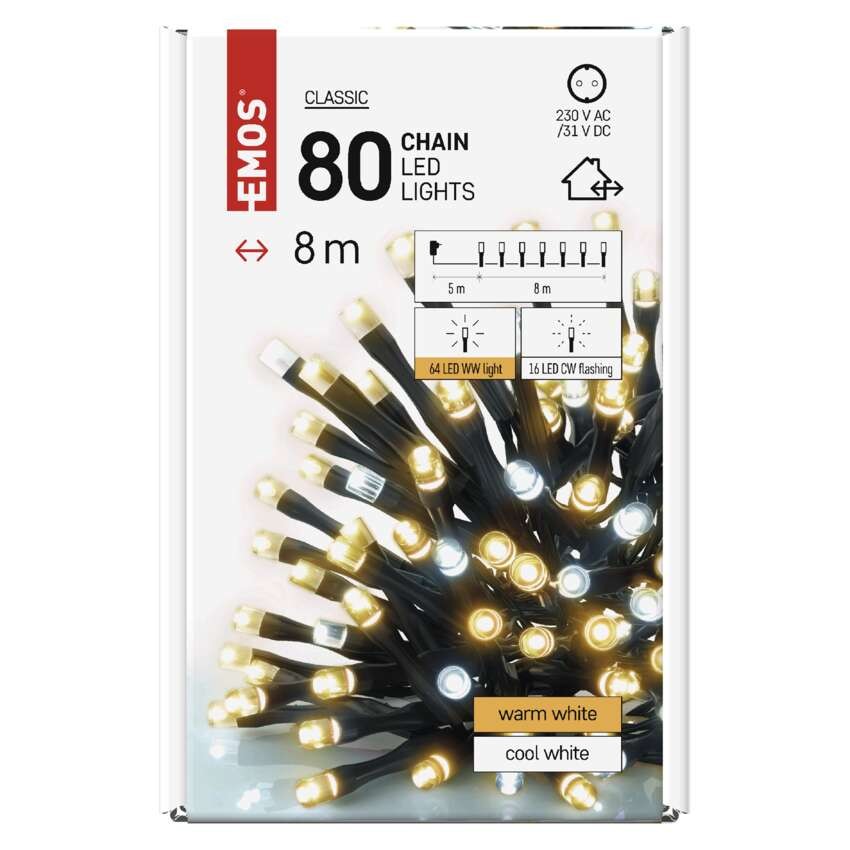 LED Weihnachtliche Lichterkette, blinkend, 8 m, Außen/Innen, warmweiß/kaltweiß, Timer