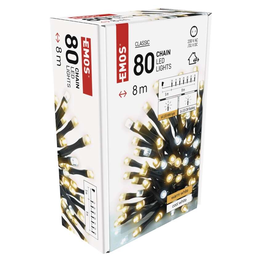 LED Weihnachtliche Lichterkette, blinkend, 8 m, Außen/Innen, warmweiß/kaltweiß, Timer