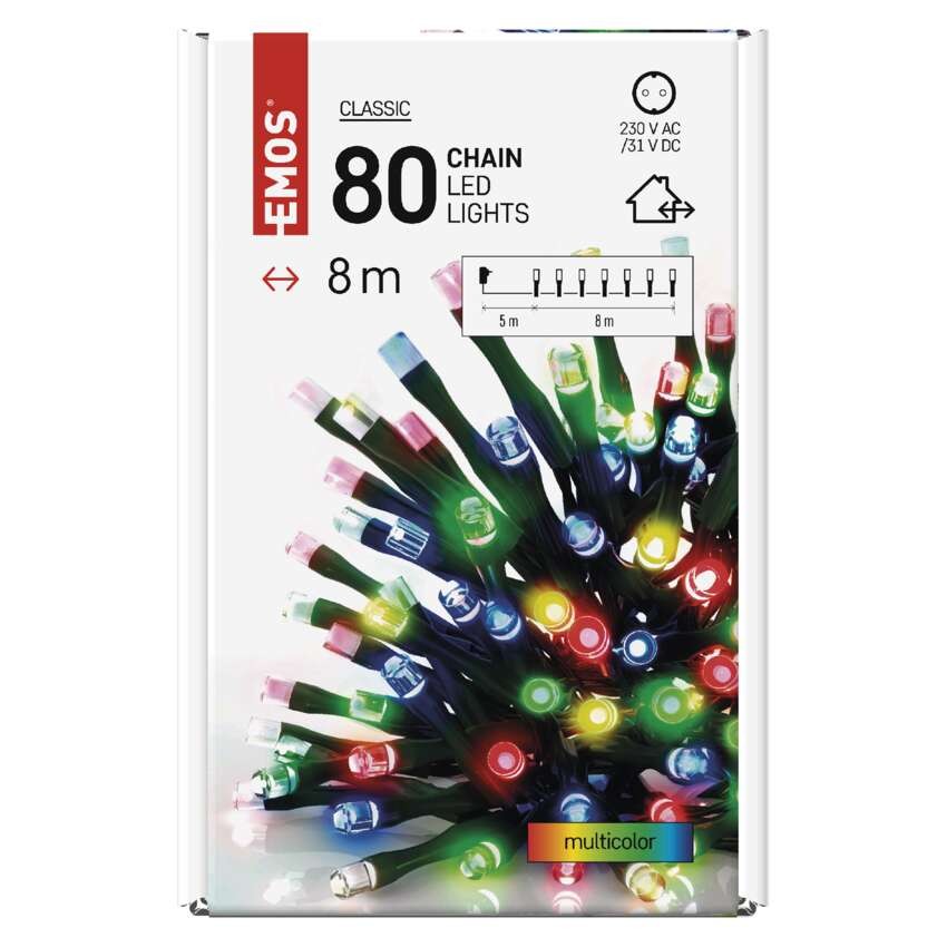 LED vánoční řetěz, 8 m, venkovní i vnitřní, multicolor, časovač