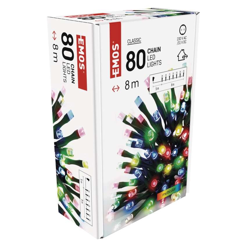 LED vánoční řetěz, 8 m, venkovní i vnitřní, multicolor, časovač