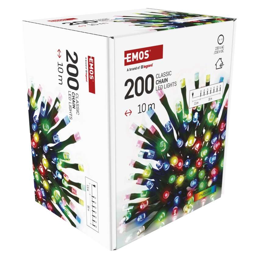 Lampki choinkowe Classic 200 LED 10m multikolor, zielony przewód, IP20