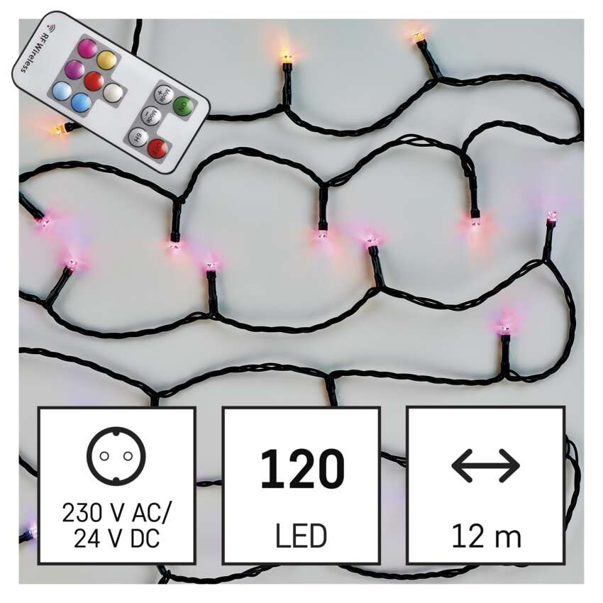 LED karácsonyi fényfüzér, 12 m, kültéri és beltéri, RGB, távirányító, programok, időzítő