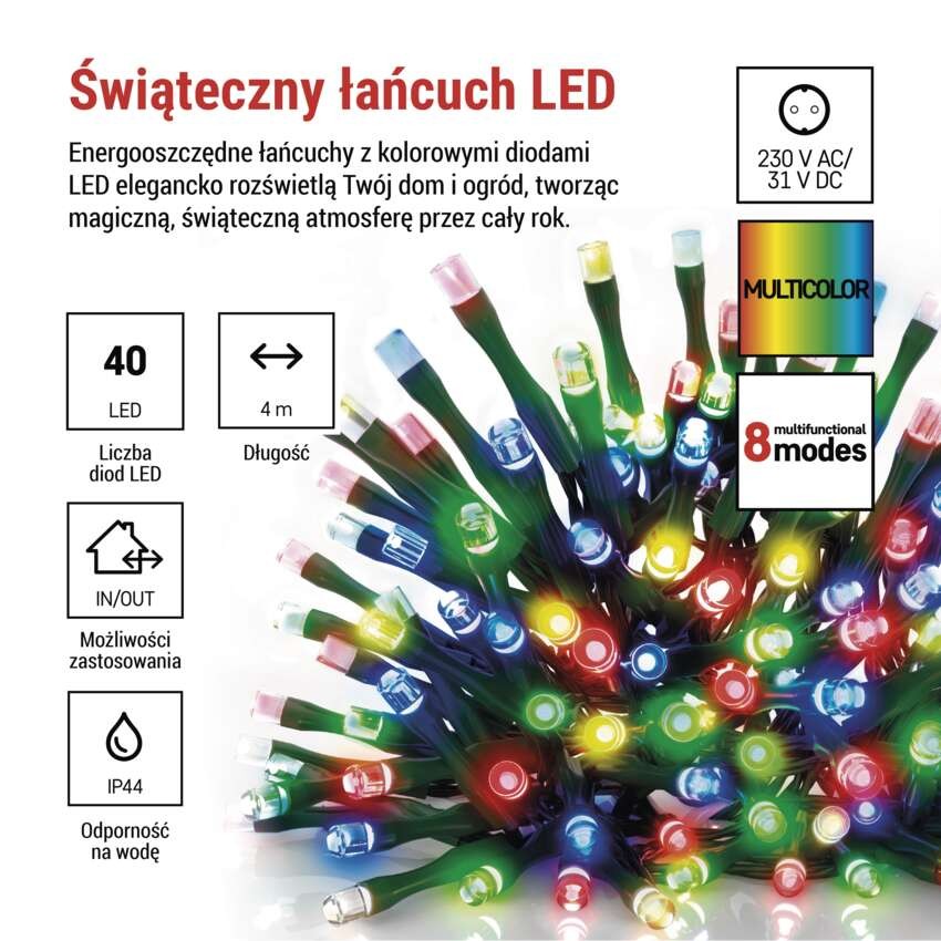 Lampki choinkowe Classic 40 LED 4m multikolor, zielony przewód, IP44, 8 programów, timer