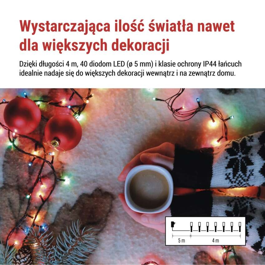 Lampki choinkowe Classic 40 LED 4m multikolor, zielony przewód, IP44, 8 programów, timer