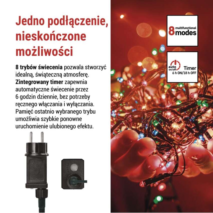 Lampki choinkowe Classic 40 LED 4m multikolor, zielony przewód, IP44, 8 programów, timer