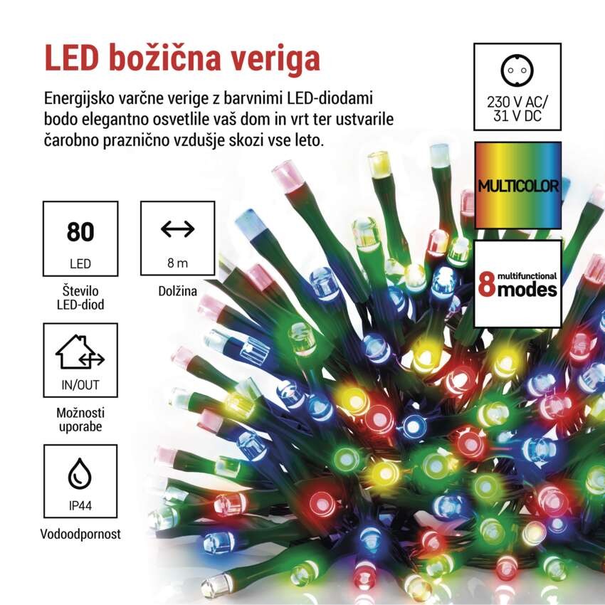 LED božična veriga, 8 m, zunanja in notranja, večbarvna, programi, časovnik