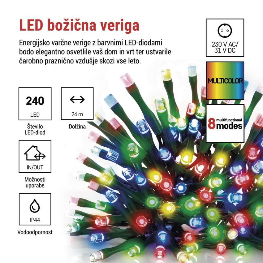 LED božična veriga, 24 m, zunanja in notranja, večbarvna, programi, časovnik