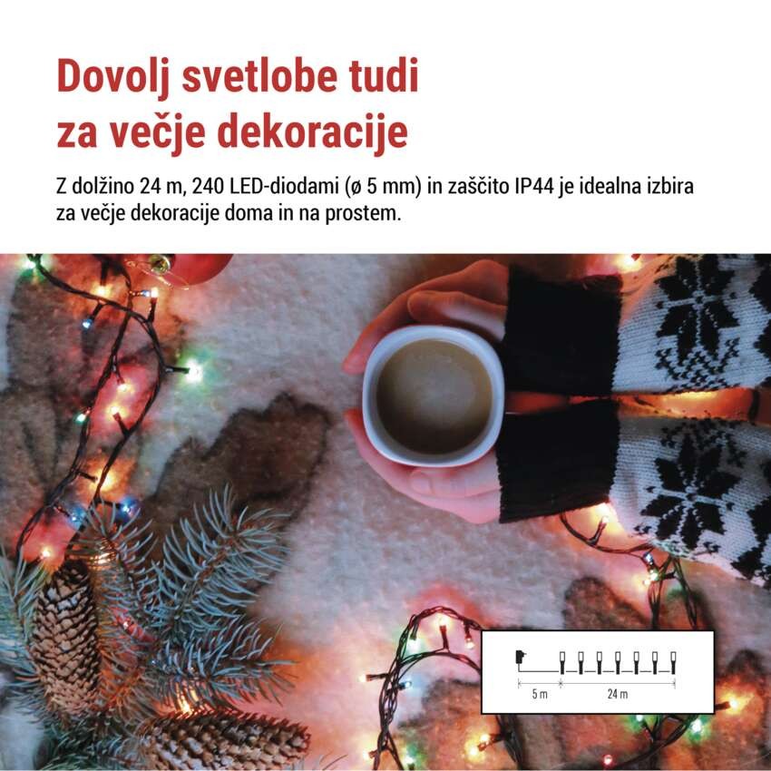 LED božična veriga, 24 m, zunanja in notranja, večbarvna, programi, časovnik
