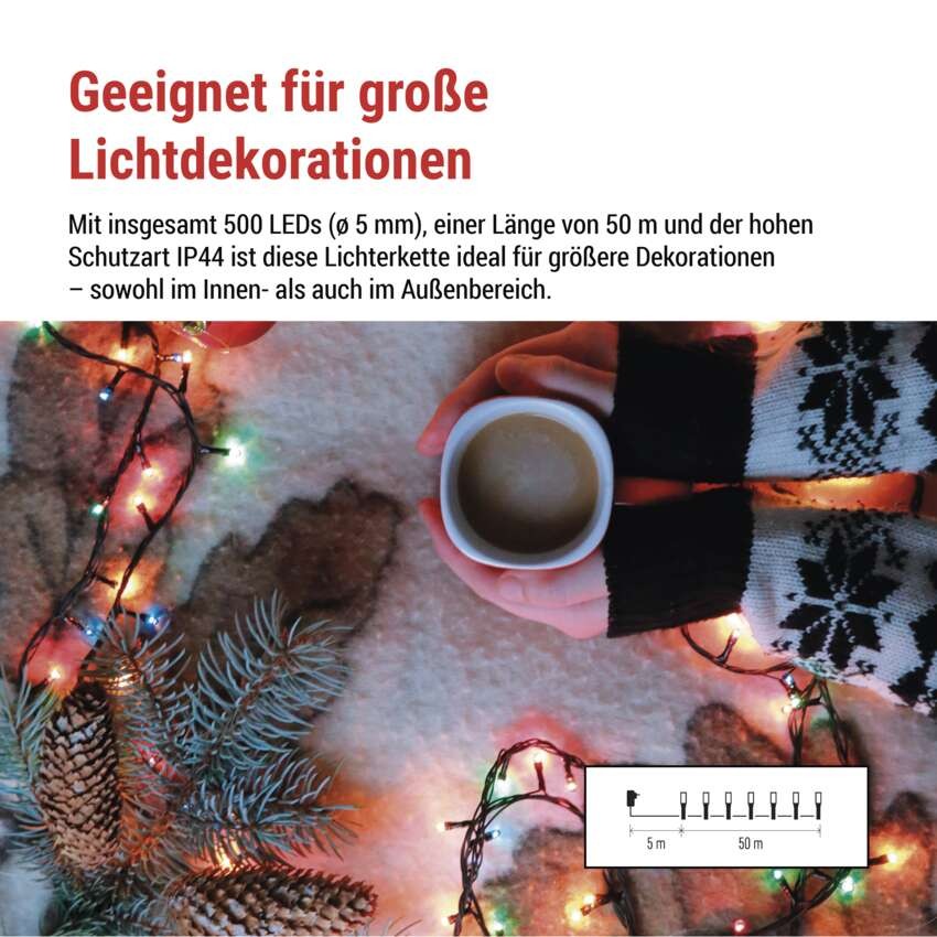 LED Weihnachtliche Lichterkette, 50 m, Außen/Innen, Multicolor, Programme, Timer