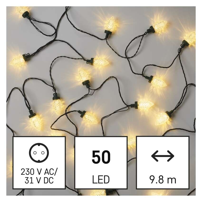 LED Ziemassvētku virtene – čiekuri, 9,8 m, liet. ārā un iekštelpās, silti balta, 8 režīmi