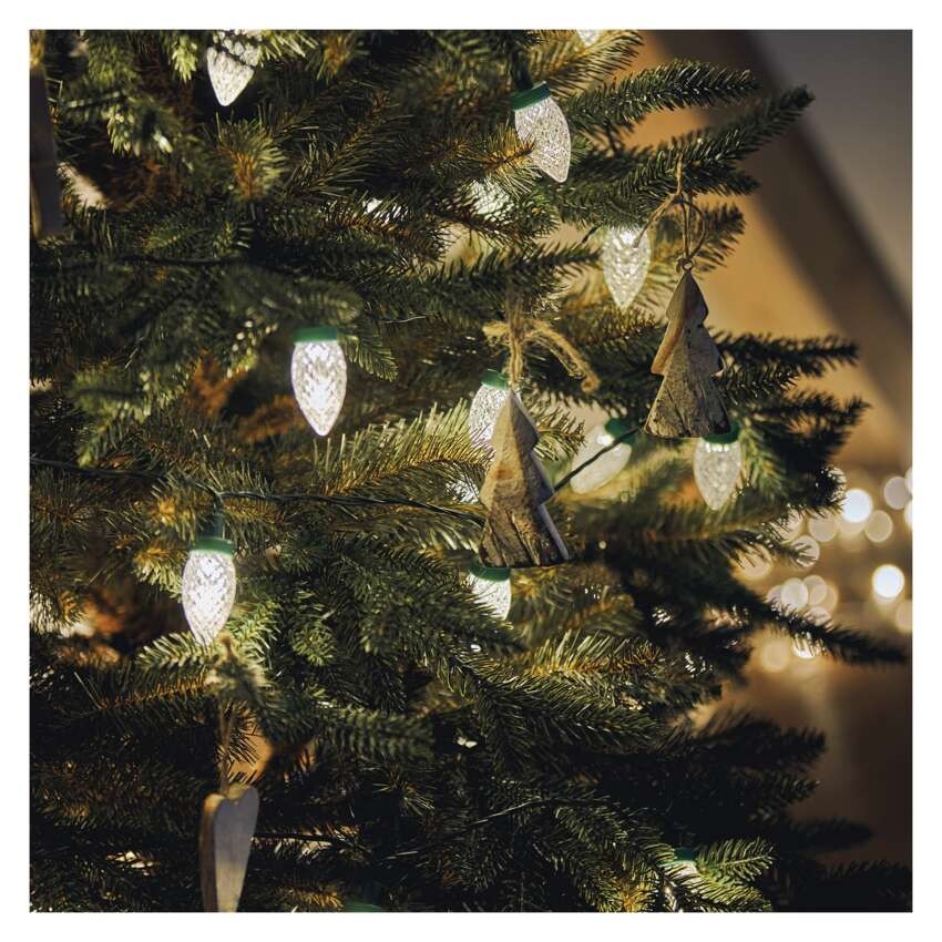 LED Ziemassvētku virtene – čiekuri, 9,8 m, liet. ārā un iekštelpās, silti balta, 8 režīmi
