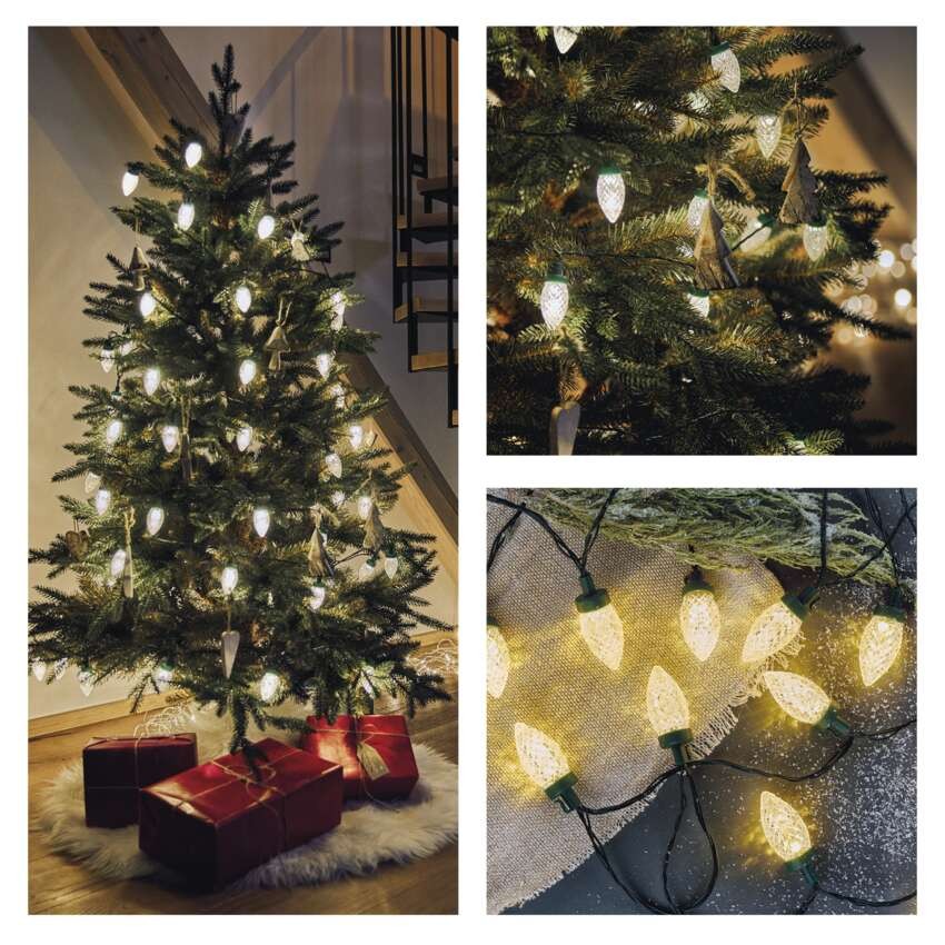 LED Ziemassvētku virtene – čiekuri, 9,8 m, liet. ārā un iekštelpās, silti balta, 8 režīmi