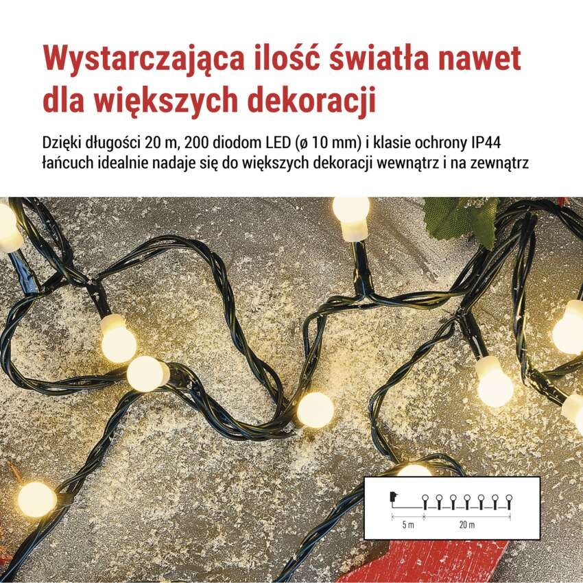 Lampki choinkowe 200 LED cherry 20m , ciepła biel, zielony przewód, IP44,8 programów, time