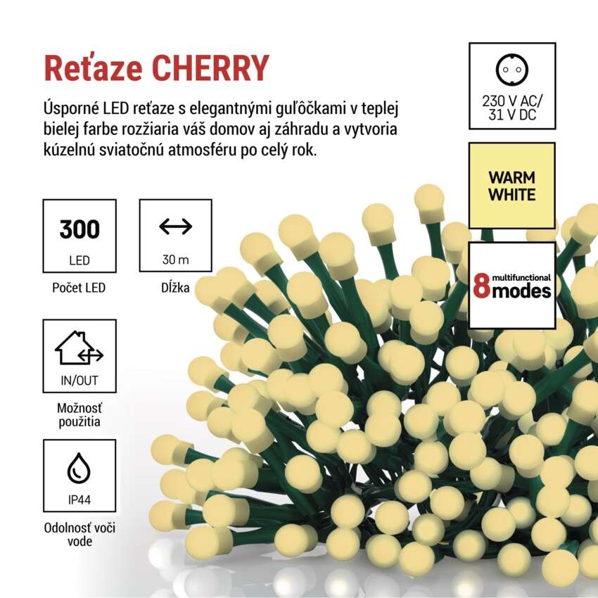 LED vianočná cherry reťaz – guličky, 30 m,vonk. aj vnútor.,teplá biela, programy, časovač