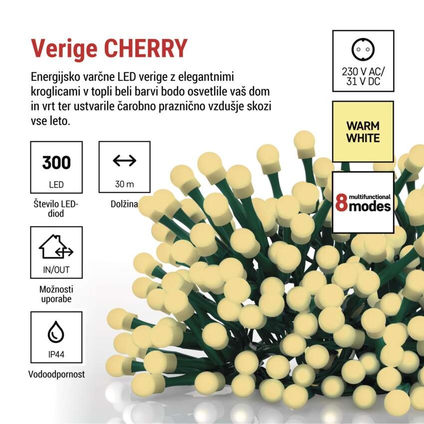 LED božična cherry veriga – kroglice, 30 m, zunan. in notran.,topla bela,programi,časovnik