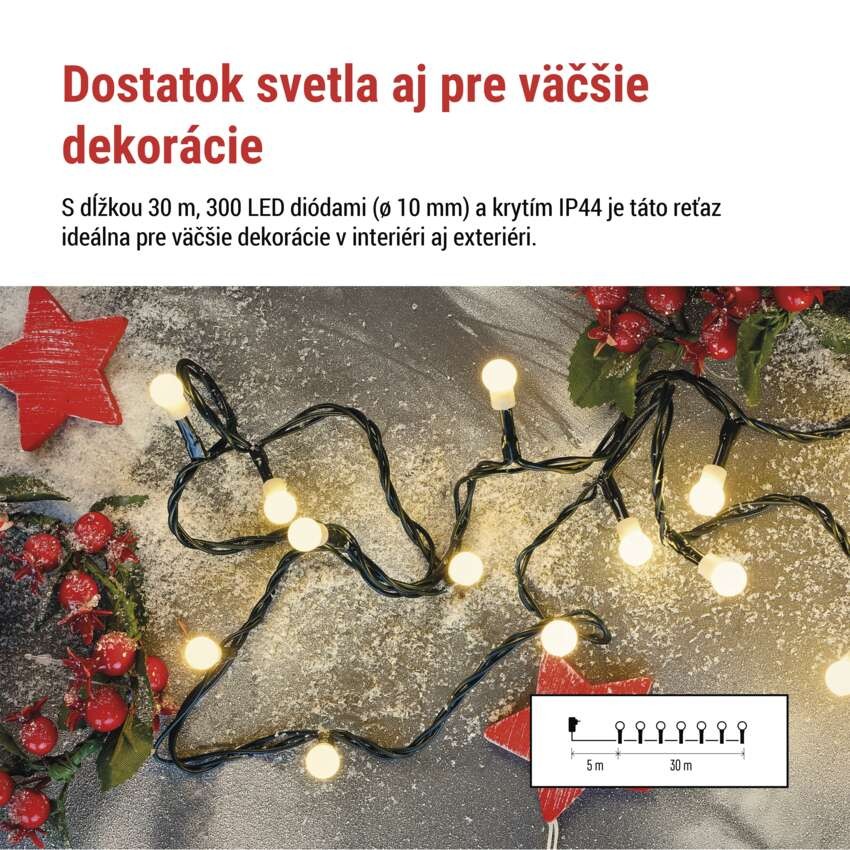 LED vianočná cherry reťaz – guličky, 30 m,vonk. aj vnútor.,teplá biela, programy, časovač