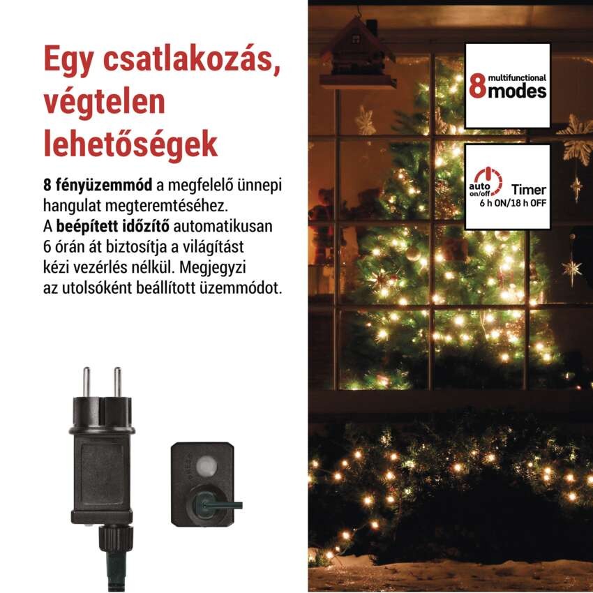 LED karácsonyi fényfüzér,cseresznye–golyók,30 m,kültéri és beltéri,meleg fehér,progr,időz