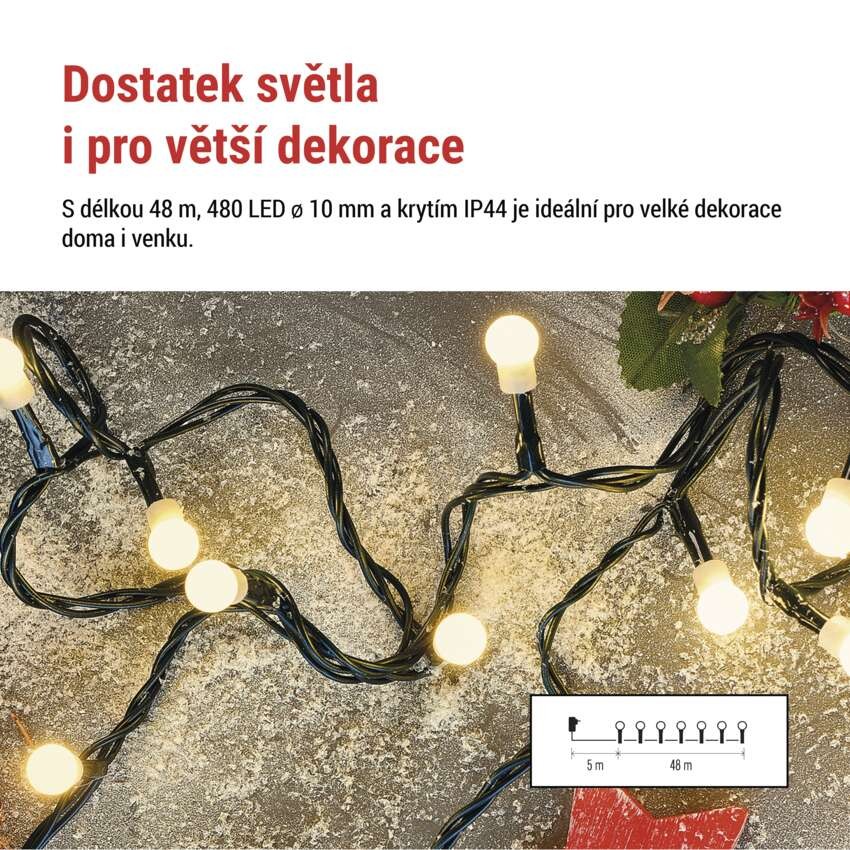 LED vánoční cherry řetěz – kuličky, 48 m, venkovní i vnitřní, teplá bílá, programy,časovač