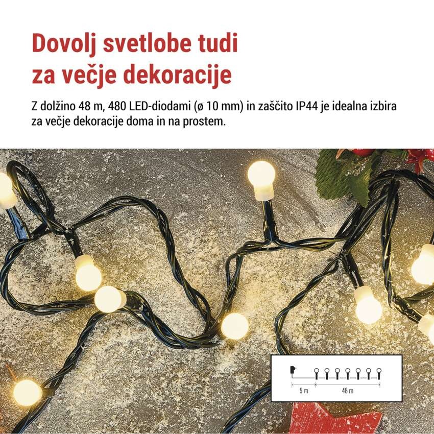 LED božična cherry veriga – kroglice, 48 m, zunan. in notran.,topla bela,programi,časovnik