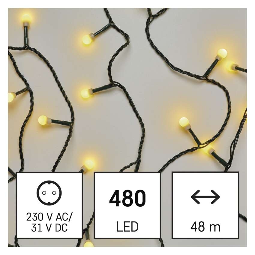 LED vánoční cherry řetěz – kuličky, 48 m, venkovní i vnitřní, teplá bílá, programy,časovač