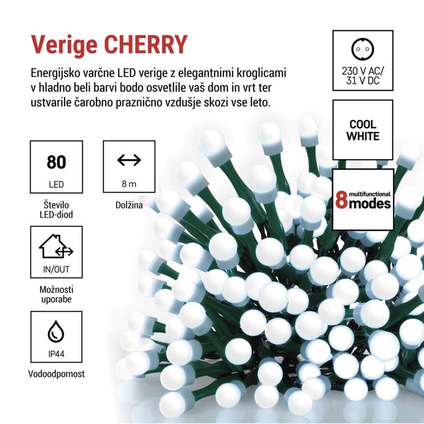 LED božična cherry veriga – kroglice, 8 m, zunan. in notran.,hladna bela,programi,časovnik
