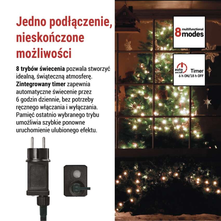 Lampki choinkowe 80 LED cherry 8m , zimna biel, zielony przewód, IP44, 8 programów, timer